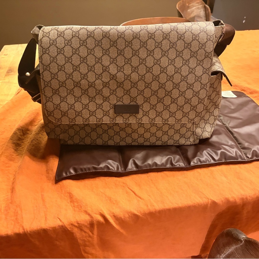Authentic Gucci Brown and Tan Signature Diaper Bag